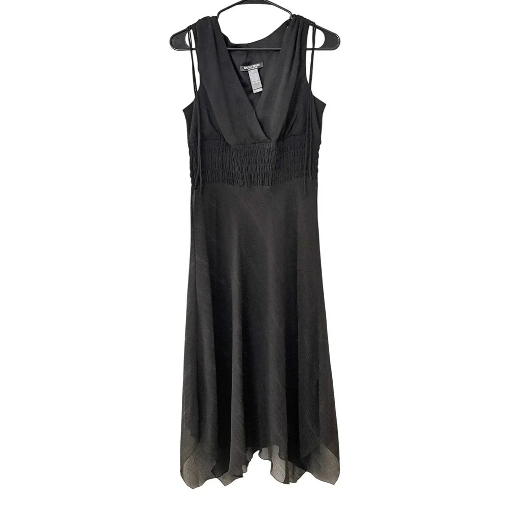 Bisou Bisou Black Metallic Pinstripe Smocked Waist Handkerchief Hem Dress SIZE 8